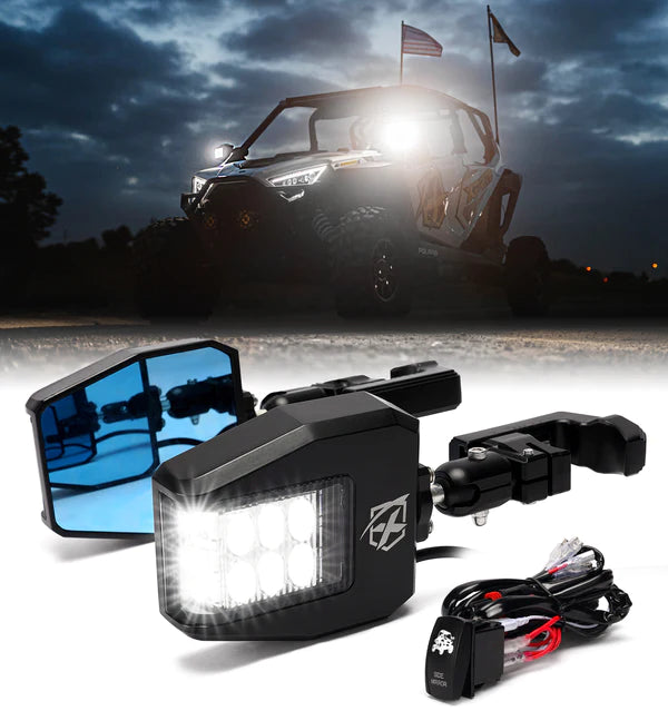 UTV Side View Mirror with LED Spotlight & C-Clamp Brackets
