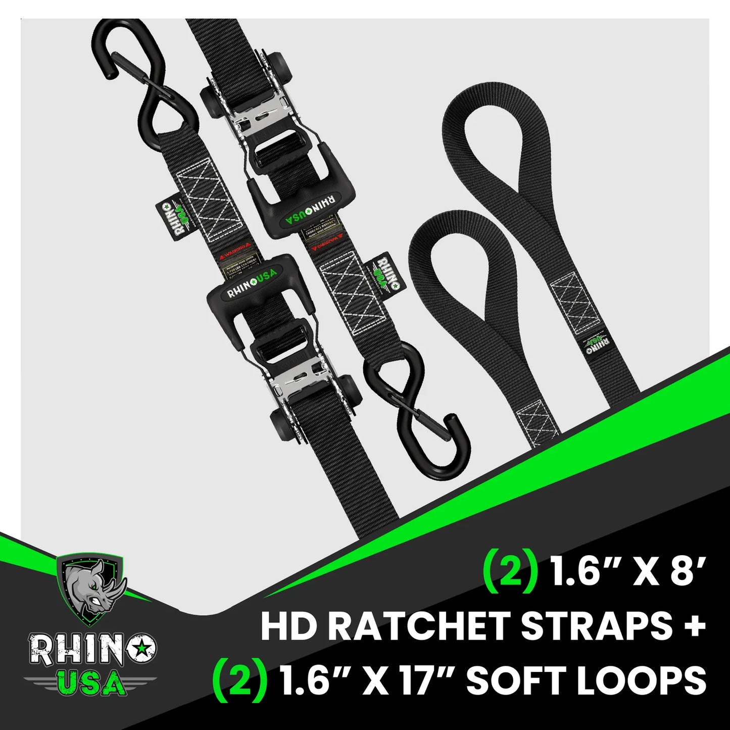 Rhino USA 1.6" x 8' HD Ratchet Tie-Down Set (2-Pack)